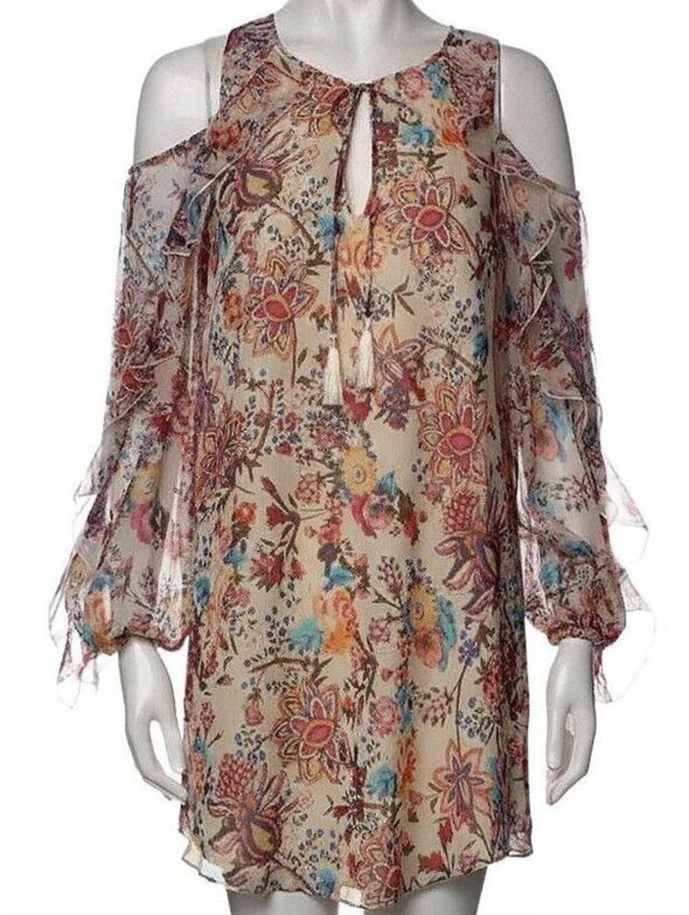 Haute Hippie Flowers in the Sun Silk Cold Shoulder Ruffle Mini Dress, Small $475